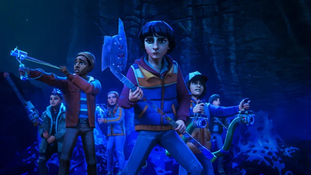 "Group of animated kids holding makeshift weapons, standing together in a dark, cave-like environment with glowing blue light and mysterious web-like structures, appearing ready for adventure or battle."