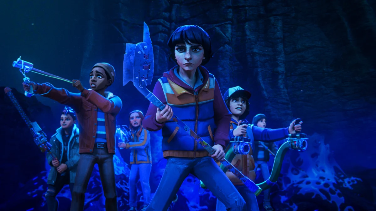 "Group of animated kids holding makeshift weapons, standing together in a dark, cave-like environment with glowing blue light and mysterious web-like structures, appearing ready for adventure or battle."