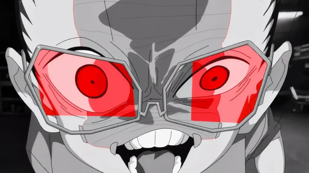 "Close-up of an animated character with spiked hair, wearing glasses reflecting a red glow, wide eyes and sharp teeth, in a dark, dramatic indoor setting with a tense atmosphere."