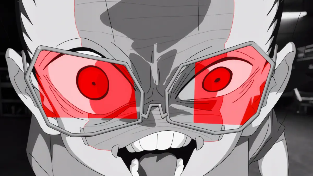 "Close-up of an animated character with spiked hair, wearing glasses reflecting a red glow, wide eyes and sharp teeth, in a dark, dramatic indoor setting with a tense atmosphere."